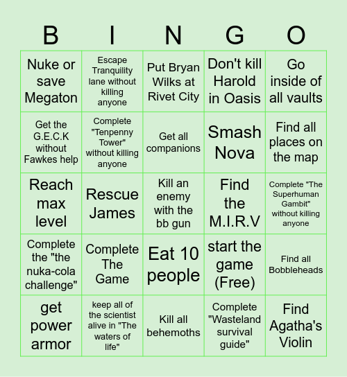 Fallout 3 Challenge Bingo Card