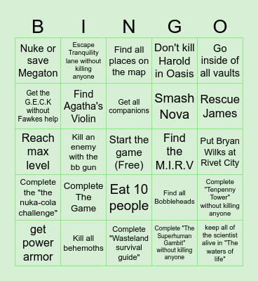 Fallout 3 Challenge Bingo Card