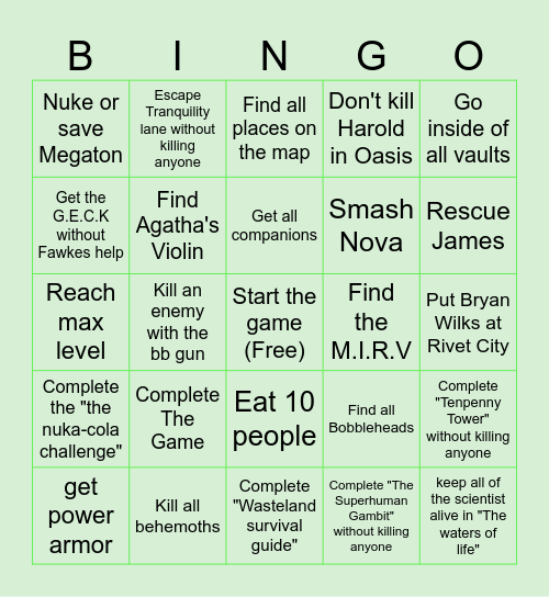 Fallout 3 Challenge Bingo Card