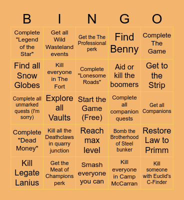 Fallout New Vegas Bingo Card