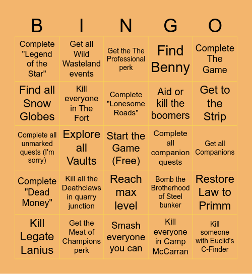 Fallout New Vegas Bingo Card