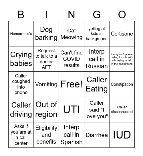 PC CALL BINGO Card