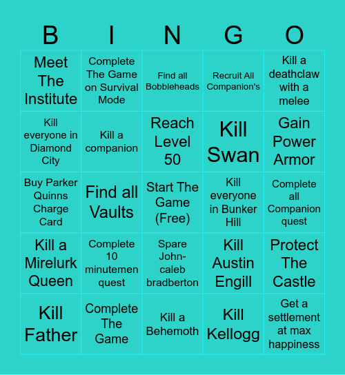 Fallout 4 Challenge Bingo Card