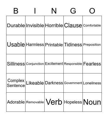 Teacher Buck's English Bingo Card