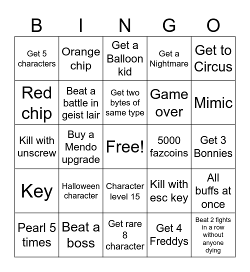 Fnaf world bingo Card