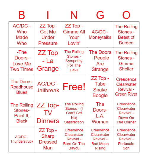 AC/DC, ZZ Top, Creedence Clearwater, The Rolling Stones, The Doors bingo list 1 Bingo Card