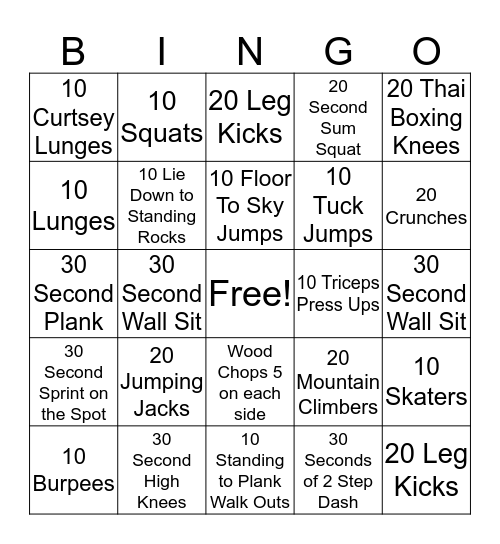 Fitness Bingo Card