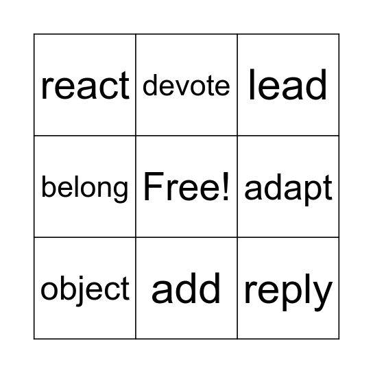 to + preposition Bingo Card