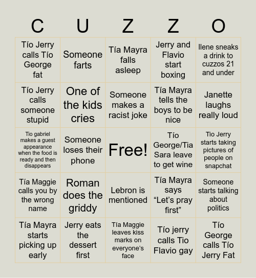 Cuzzo Bingo Card