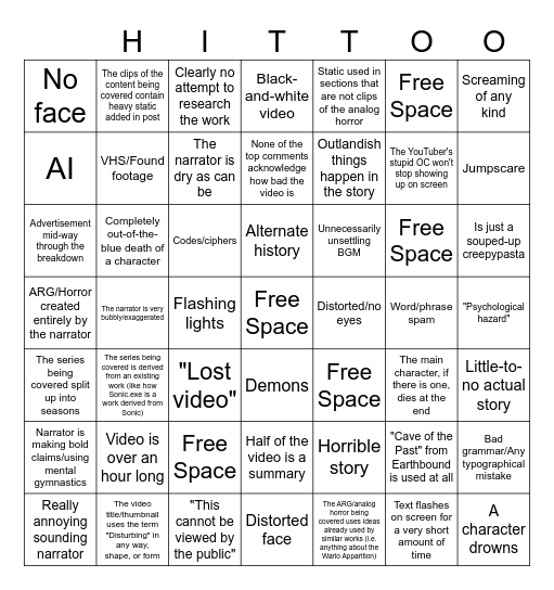Shitty Analog Horror/ARG Video Essay BIngo Card