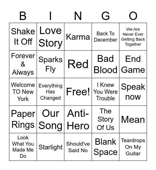 Taylor Swift! Bingo Card