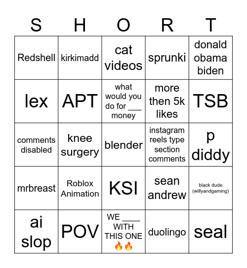 Youtube Shorts Bingo Card