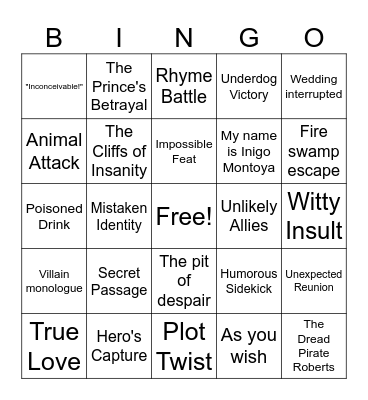 The Princess Bride Bingo Card