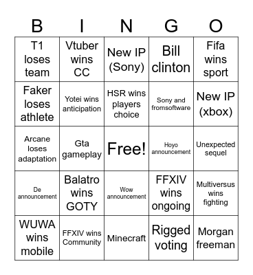Game Awards Bingo Card