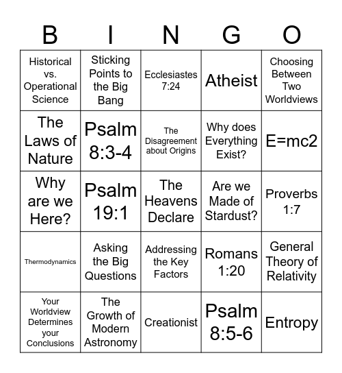 The Heavens Declare: The Origin of the Universe Bingo Card