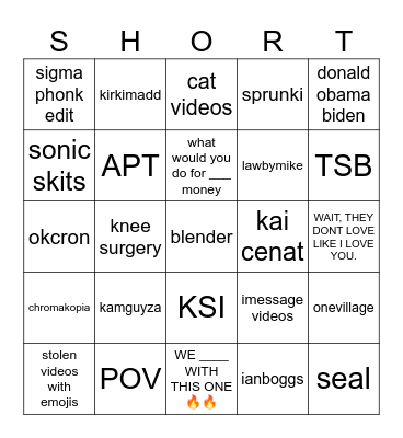 Youtube Shorts Bingo Card