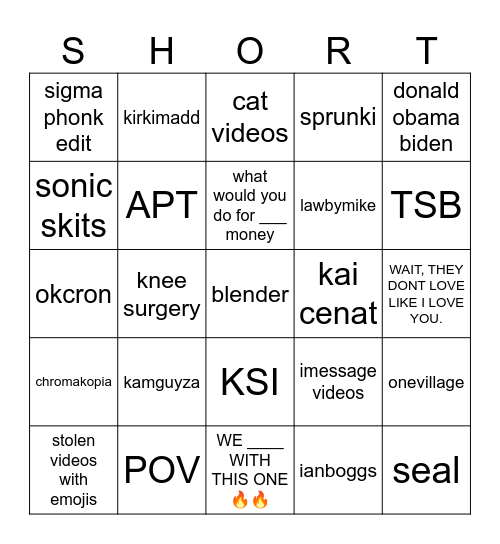 Youtube Shorts Bingo Card