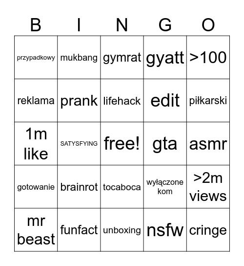 yt shorts Bingo Card
