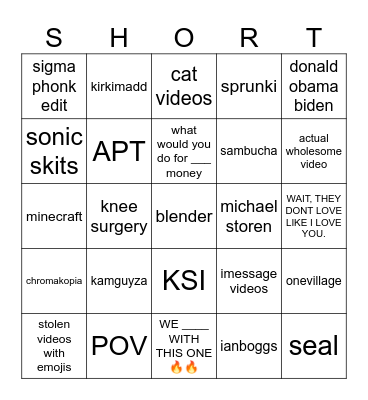 Youtube Shorts Bingo Card