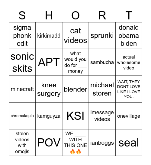 Youtube Shorts Bingo Card