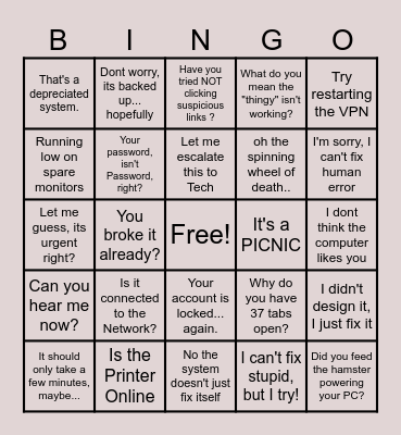 Help Desk Bingo Card