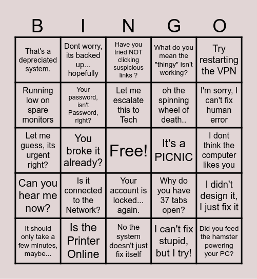 Help Desk Bingo Card