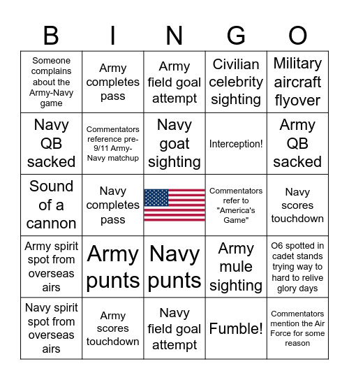 Army-Navy Game 2024 Bingo Card