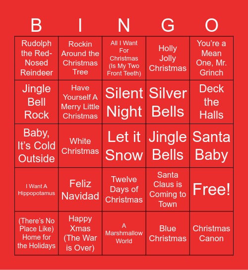 Holiday Music Bingo Card