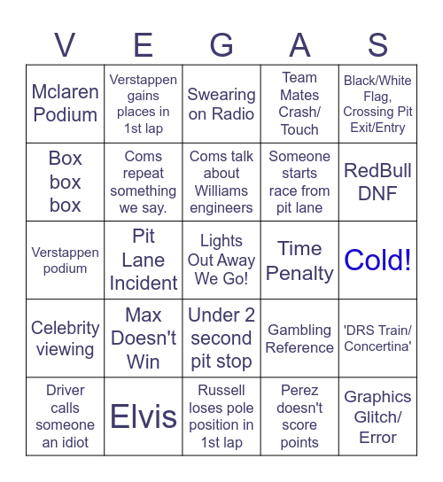 F1 Las Vegas 2024 Bingo Card