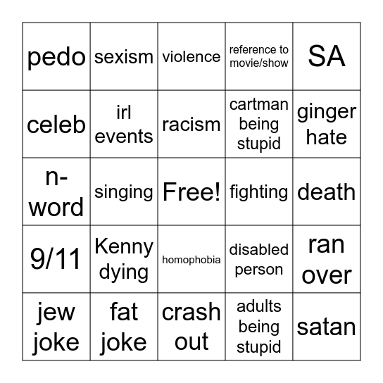 Dark Humour Bingo Card