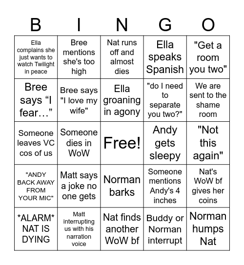 NANDY DRUNK WOW Bingo Card