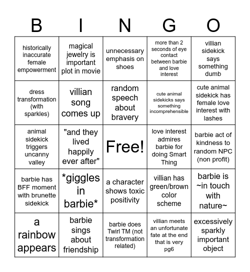 Barbie Bingo Card