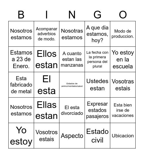 VERBO ESTAR Bingo Card