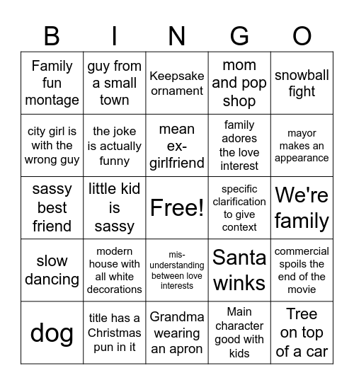 Christmas Hallmark Movie BINGO Card