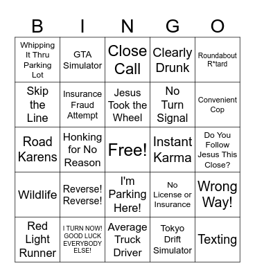 Bad Driver Bingo Card