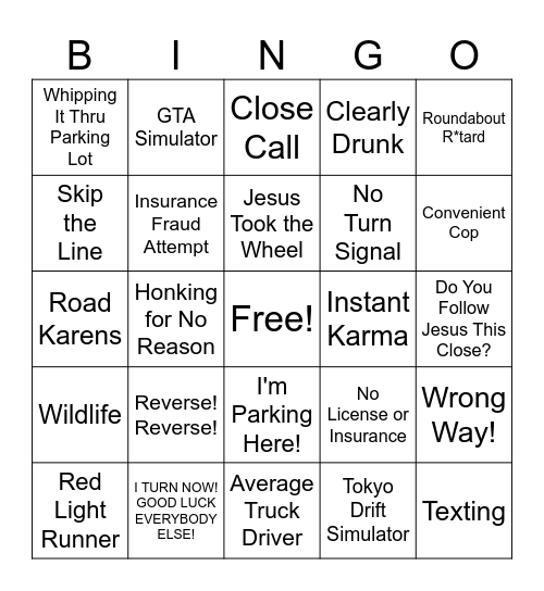 Bad Driver Bingo Card