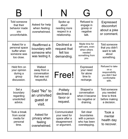 Boundaries Bingo Card