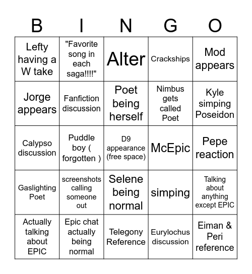 EPIC Chat Bingo Card