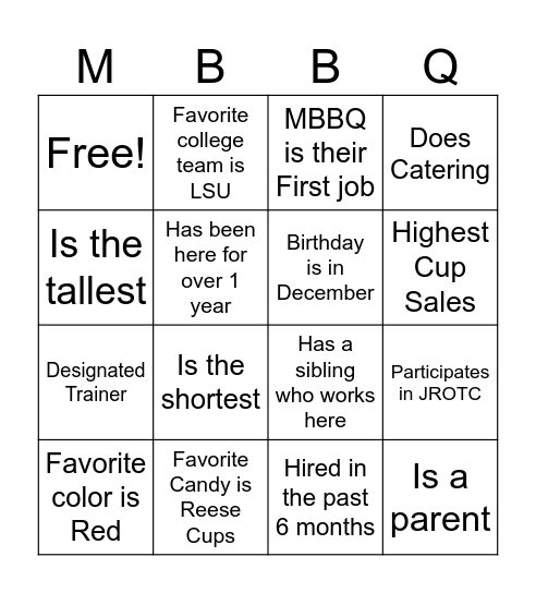 GSR Bingo...Do you know your teammates? Bingo Card