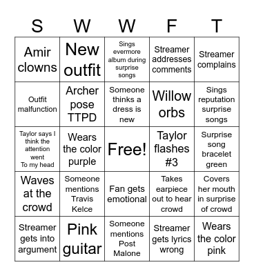 Eras tour bingo Card