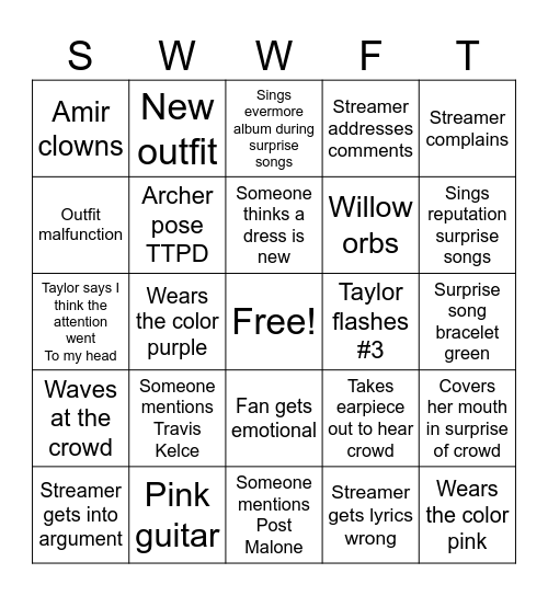 Eras tour bingo Card