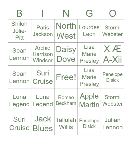 Celebrity Baby Bingo Card