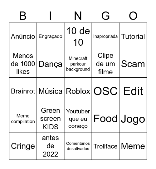 YouTube shorts Bingo Card