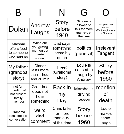 Boova Family Bingo Card