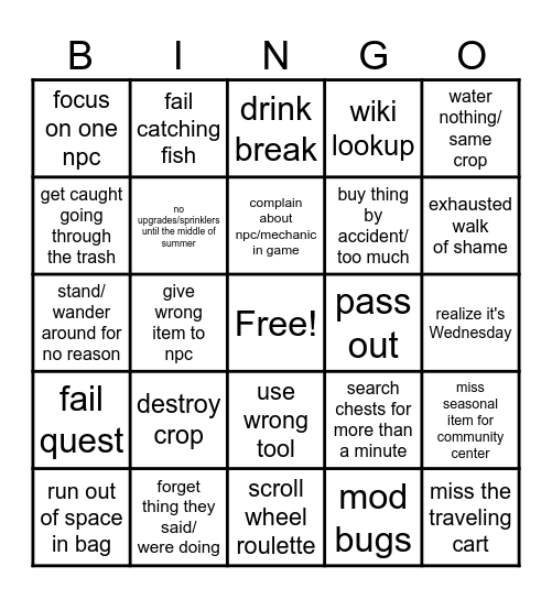 Stardew Streamer Bingo Card