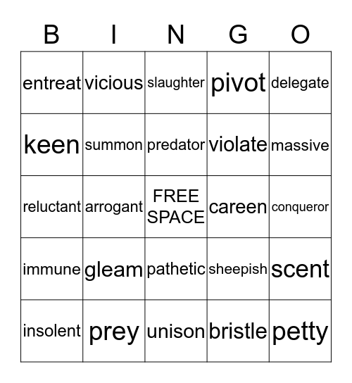 Spirit Animals Vocab Bingo Card
