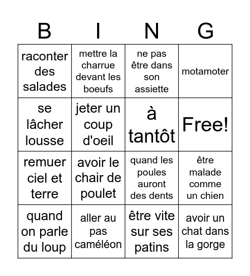 EXPRESSIONS IDIOMATIQUES Bingo Card