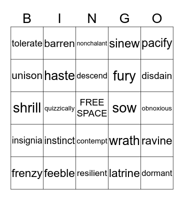 Spirit Animal Vocab Bingo List 2 Bingo Card