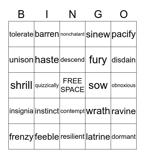 Spirit Animal Vocab Bingo List 2 Bingo Card