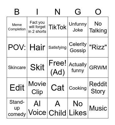 YouTube Shorts Bingo Card
